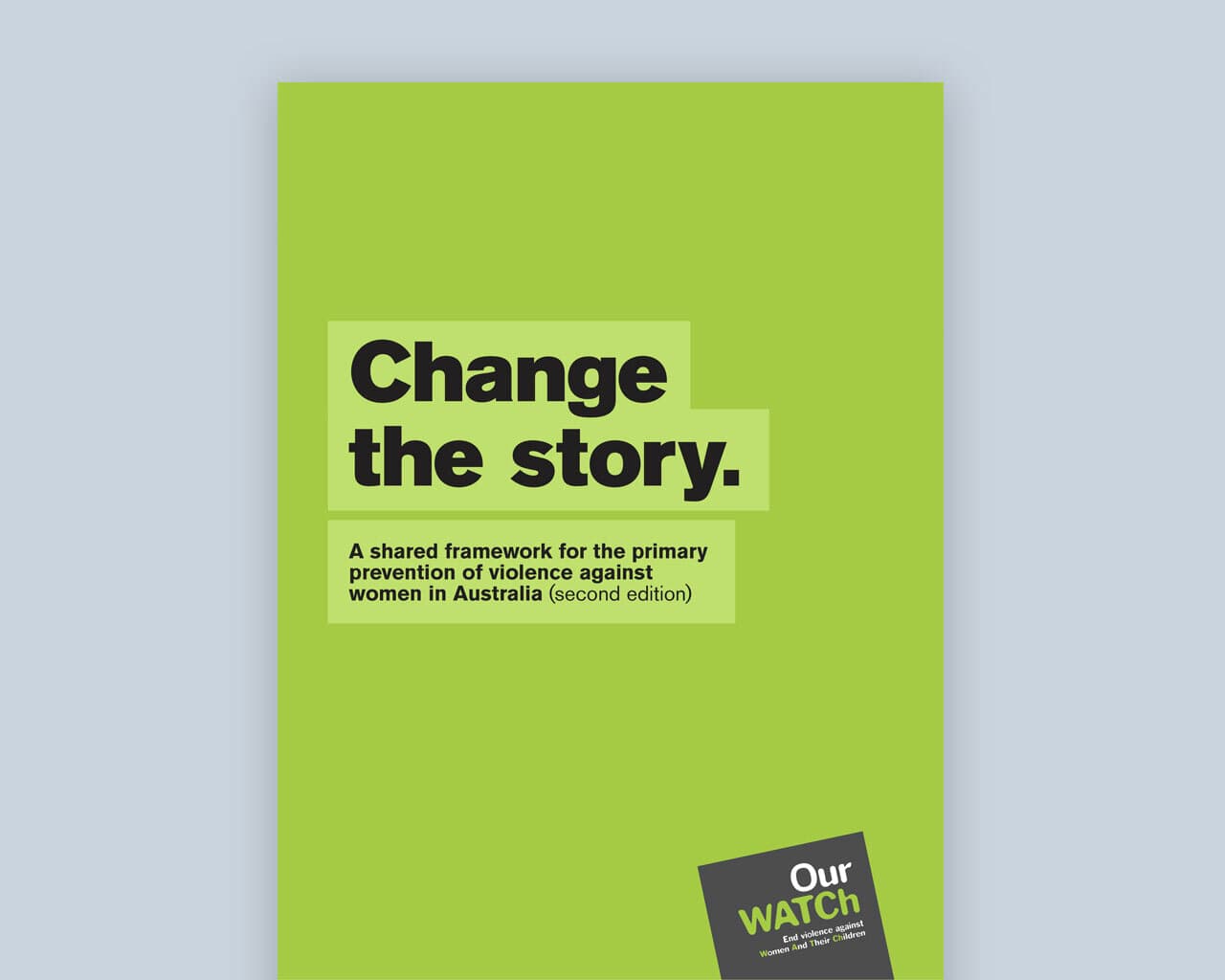 Document cover reads 'Change the story' on bright green background.
