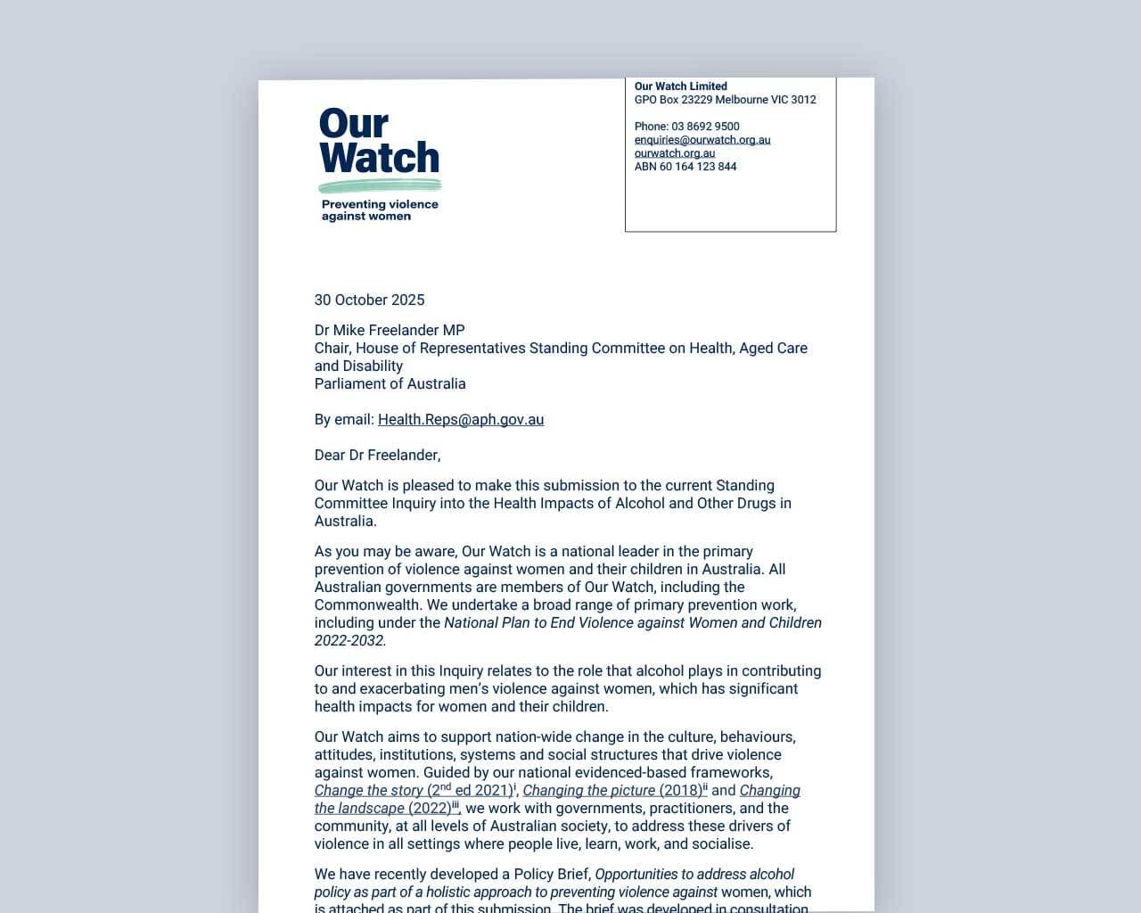 Alcohol brief submission letter