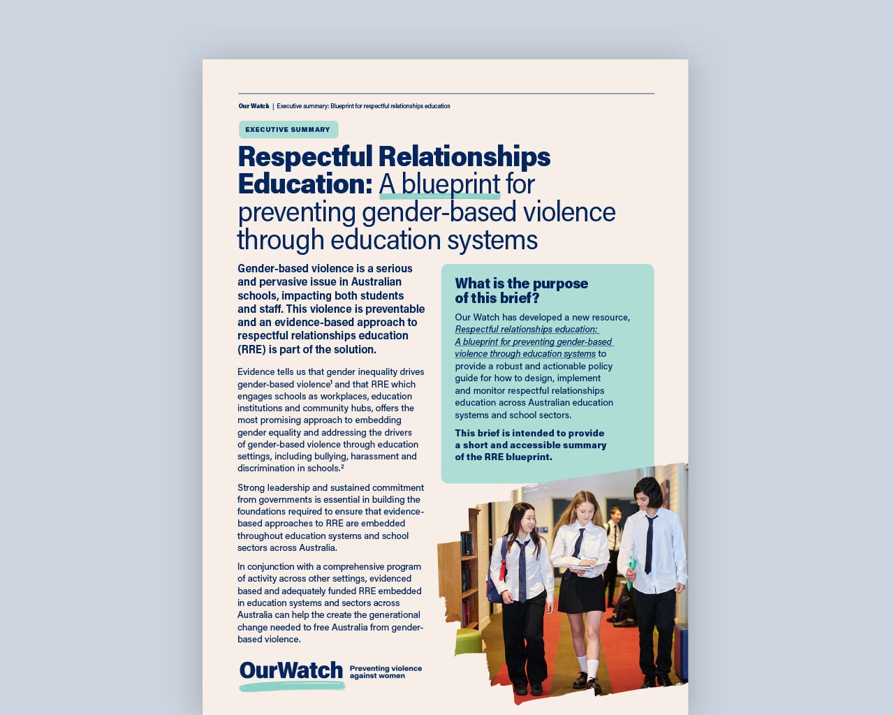 Cover of document with dark blue text on cream background and image of high school students.