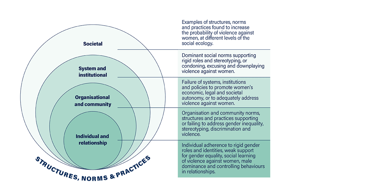 Infographic showing the different factors which influence the occurrence of violence against women. The figure represents violence as the outcome of interactions among many factors at four levels. It shows examples of structures, norms and practices found to increase the probability of violence against women, at different levels of the social ecology. The highest level is the societal level: dominant social norms supporting rigid roles and stereotyping, or condoning, excusing and downplaying violence against women. The second level is the system and institutional level: failure of systems, institutions and policies to promote women’s economic, legal and social autonomy, or to adequately address violence against women. The third level is the organisational and community level: organisation and community norms, structures and practices supporting or failing to address gender inequality, stereotyping, discrimination and violence. The fourth and final level is the individual and relationship level: individual adherence to rigid gender roles and identities, weak support for gender equality, social learning of violence against women, male dominance and controlling behaviours in relationships.