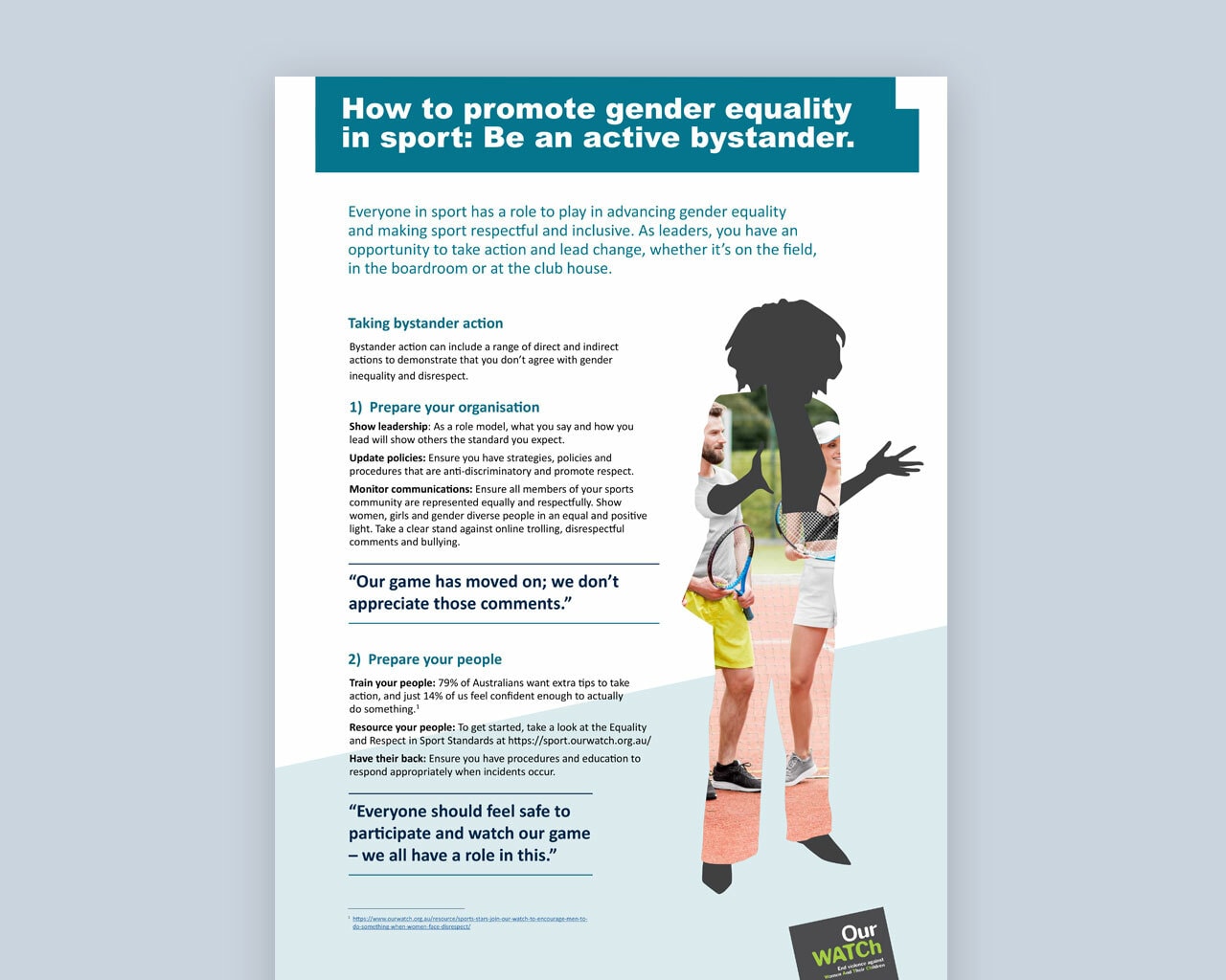 Document cover with teal text on white background, and a colourful silhouette image of a woman speaking.