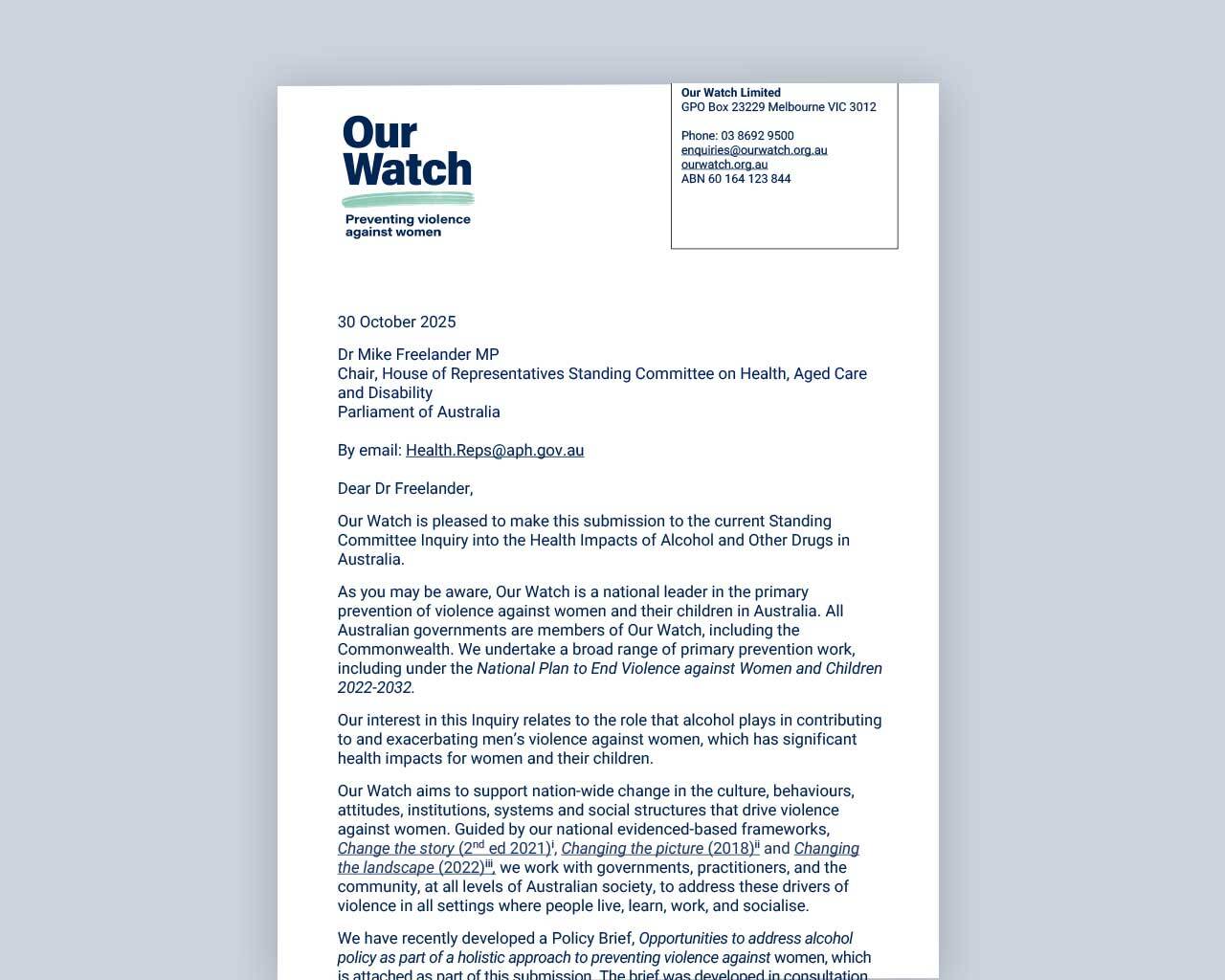 Alcohol brief submission letter