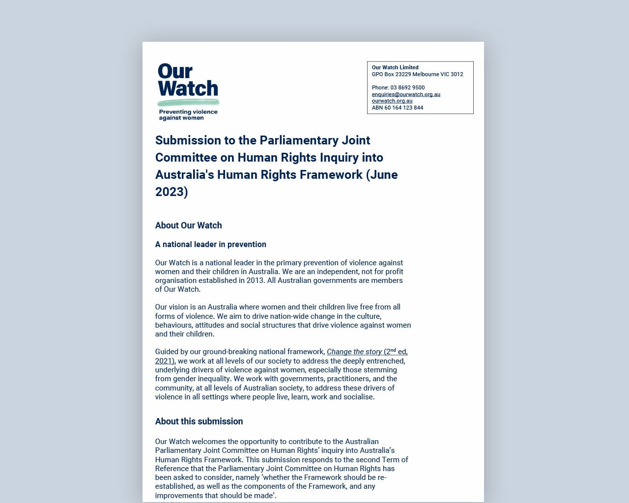 Our Watch | Submission to the Parliamentary Joint Committee on Human…