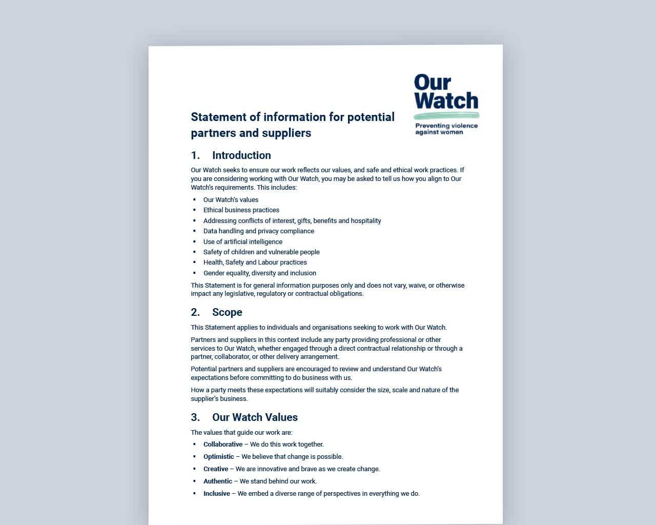 Statement of information for potential partners and suppliers