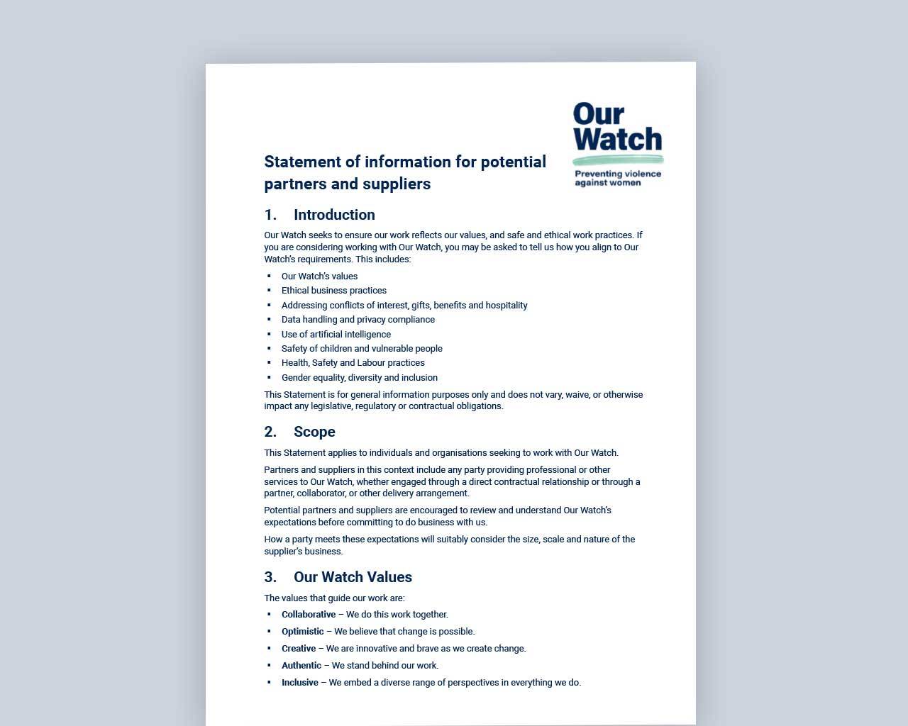 Statement of information for potential partners and suppliers