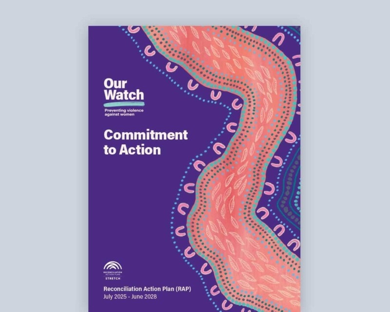 Document cover shows text 'Commitment to Action' with Gamilaraay/Kamilaroi woman Karla McGrady's artwork 'Journey of Growth'.