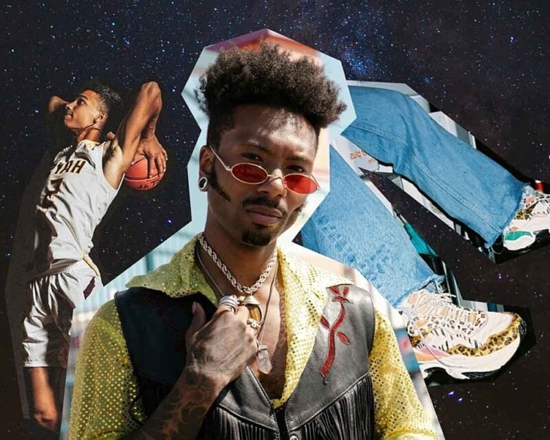 Collage illustration of a young Black person in cool clothes on a starry night background. Cut out figures of a young man playing basketball and another pair of legs in jeans and sneakers arranged at an unexpected angle.
