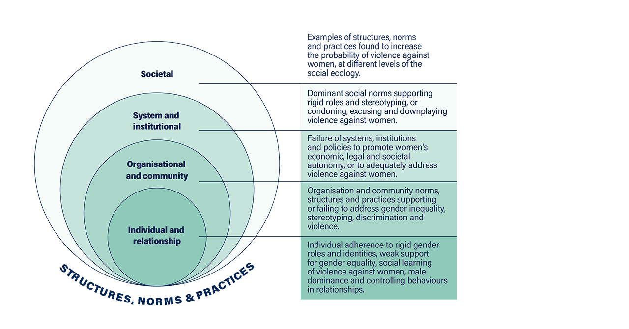 Infographic showing the different factors which influence the occurrence of violence against women. The figure represents violence as the outcome of interactions among many factors at four levels. It shows examples of structures, norms and practices found to increase the probability of violence against women, at different levels of the social ecology. The highest level is the societal level: dominant social norms supporting rigid roles and stereotyping, or condoning, excusing and downplaying violence against women. The second level is the system and institutional level: failure of systems, institutions and policies to promote women’s economic, legal and social autonomy, or to adequately address violence against women. The third level is the organisational and community level: organisation and community norms, structures and practices supporting or failing to address gender inequality, stereotyping, discrimination and violence. The fourth and final level is the individual and relationship level: individual adherence to rigid gender roles and identities, weak support for gender equality, social learning of violence against women, male dominance and controlling behaviours in relationships.