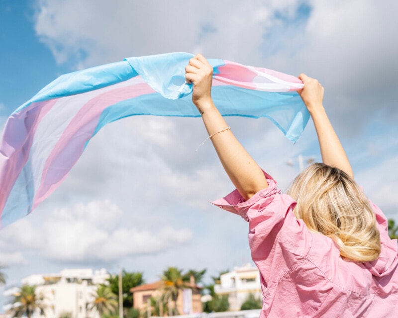 A blonde person in a pink shirt holding a trans flag in the wind on a sunny day.
